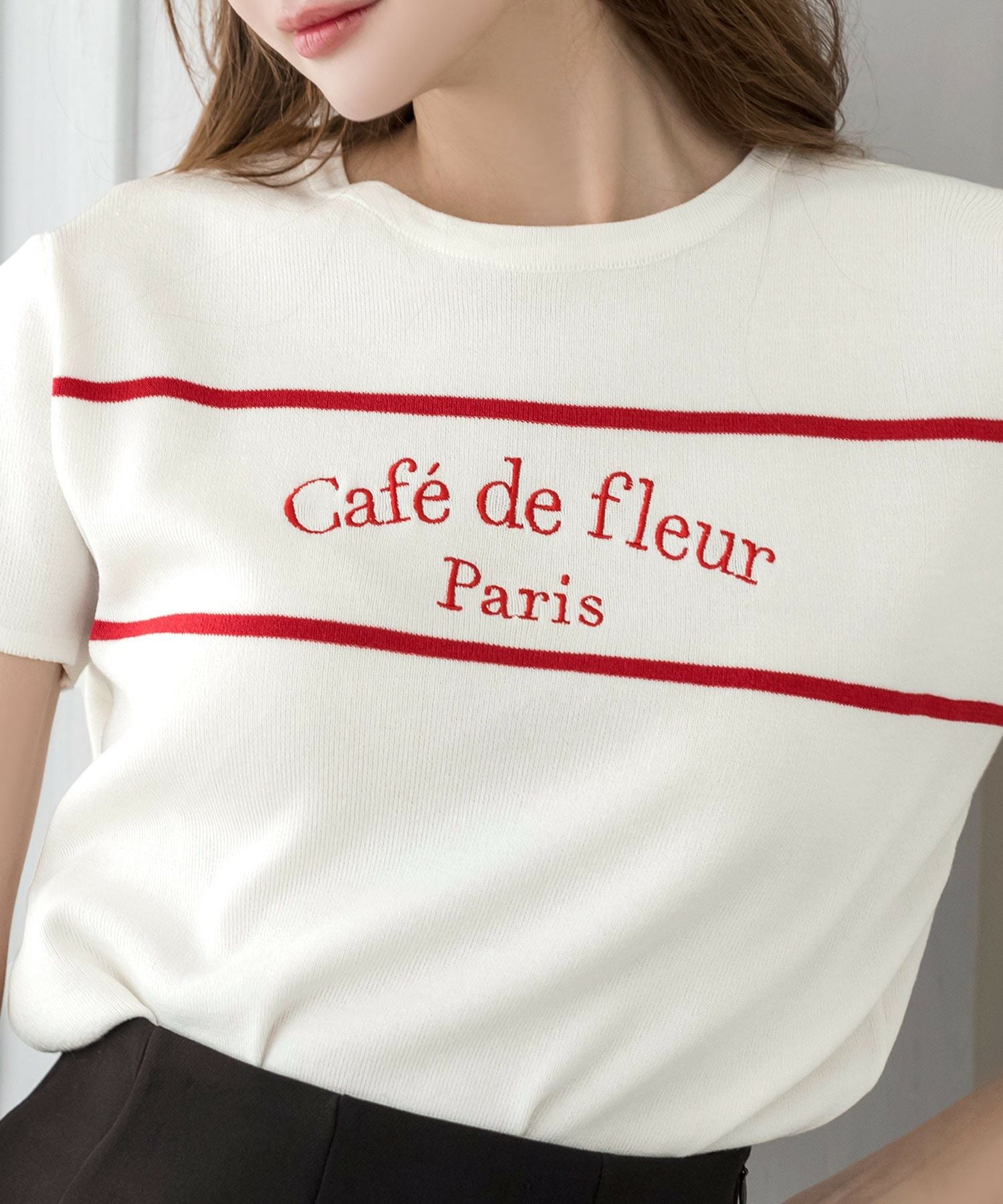 Cafe de fleurロゴ刺繍ニットトップス JB24042