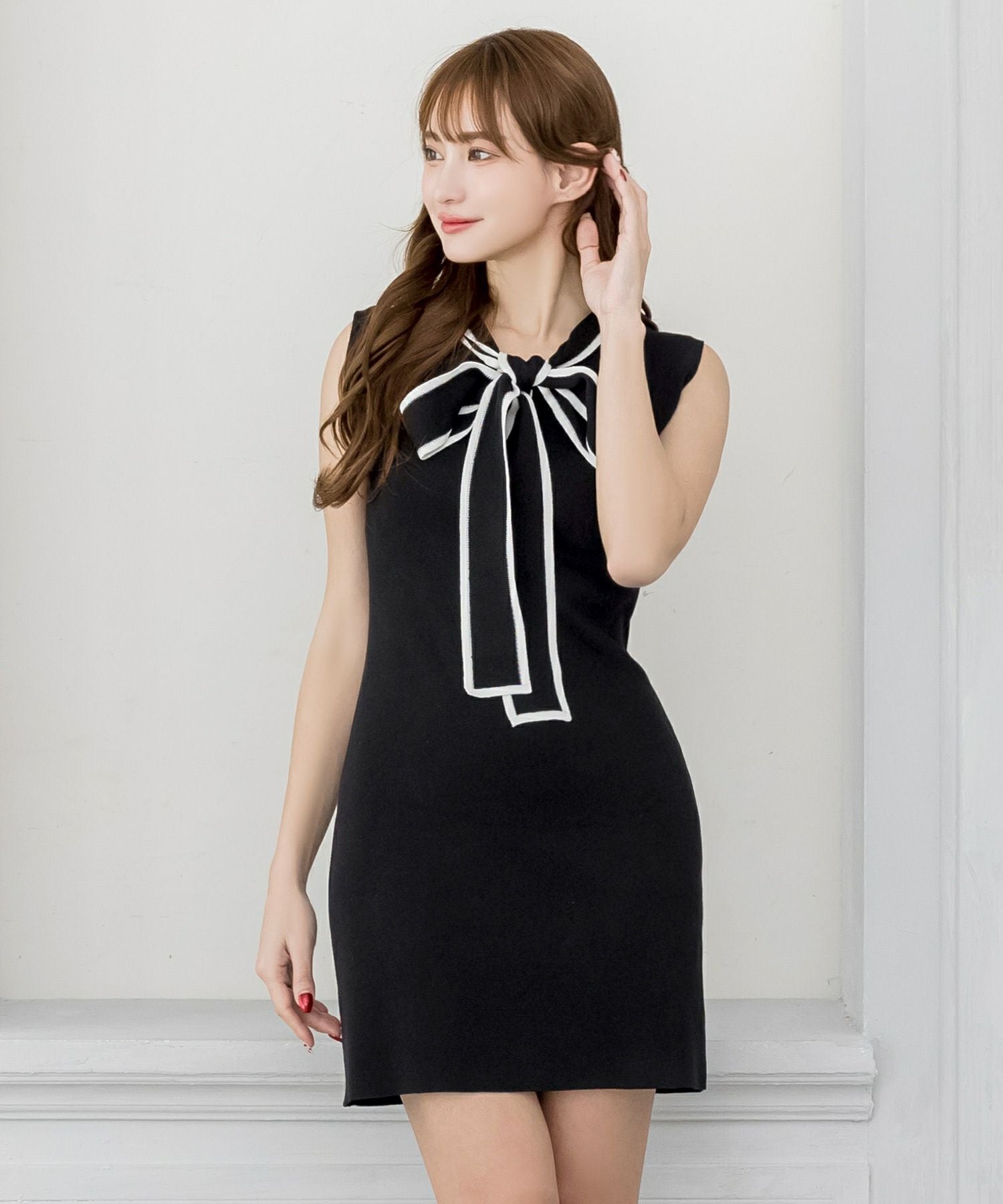 パイピングボウタイリボンニットワンピース JB24063