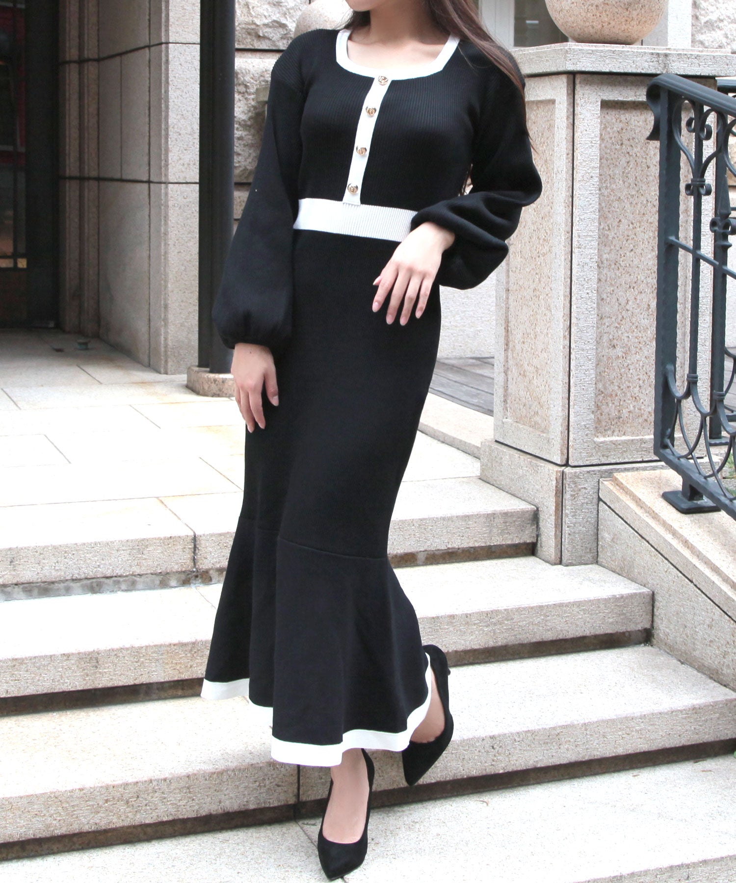 丈が選べるパイピングマーメイドニットワンピース JB23524