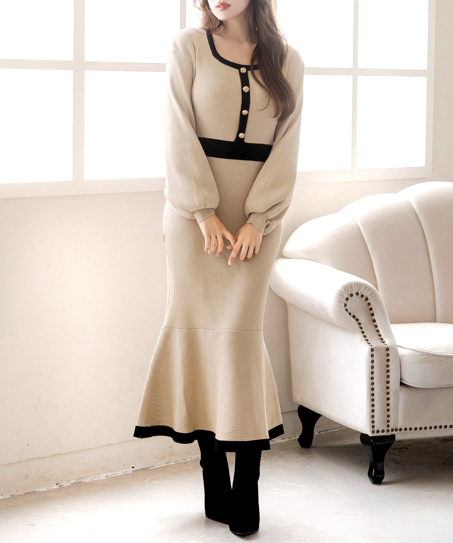 丈が選べるパイピングマーメイドニットワンピース JB23524