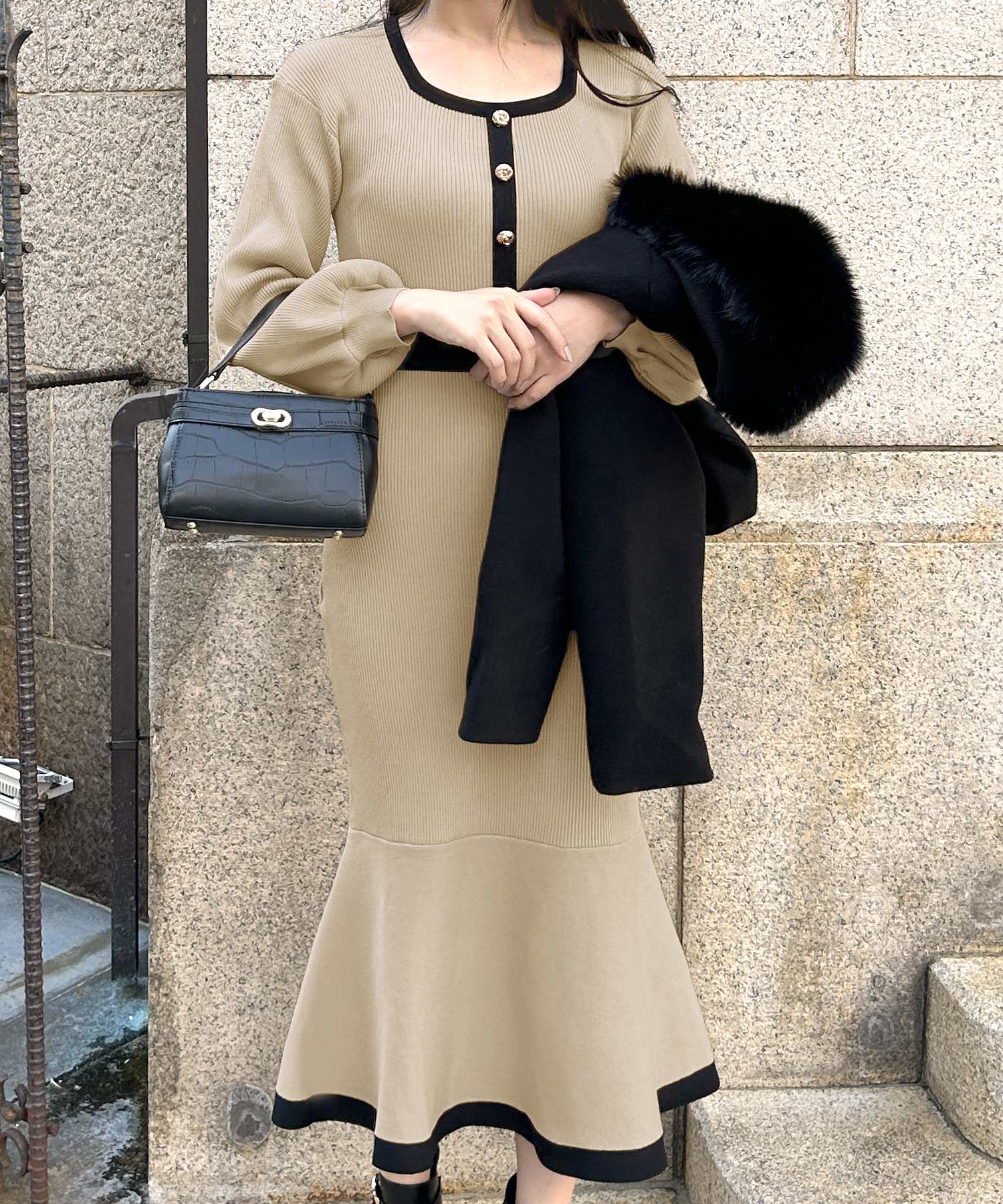 丈が選べるパイピングマーメイドニットワンピース JB23524