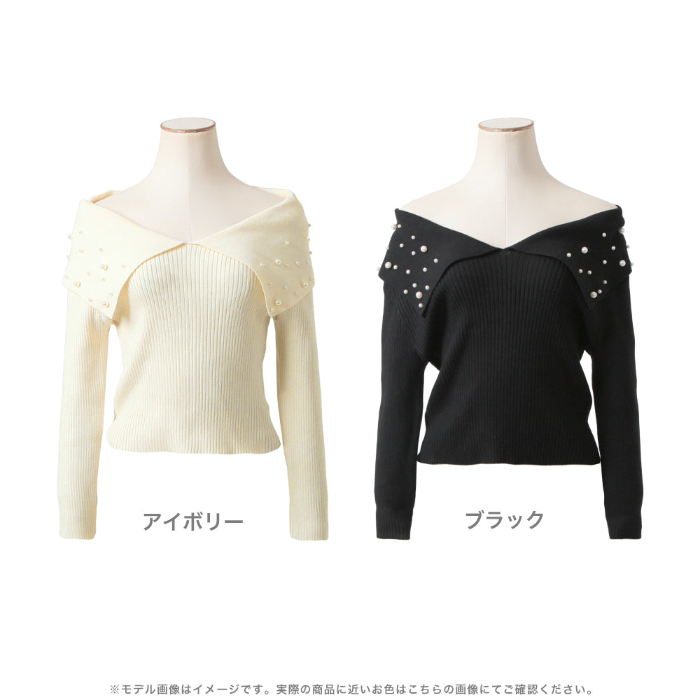 パール付きデコルテオープンニットトップス JB23543