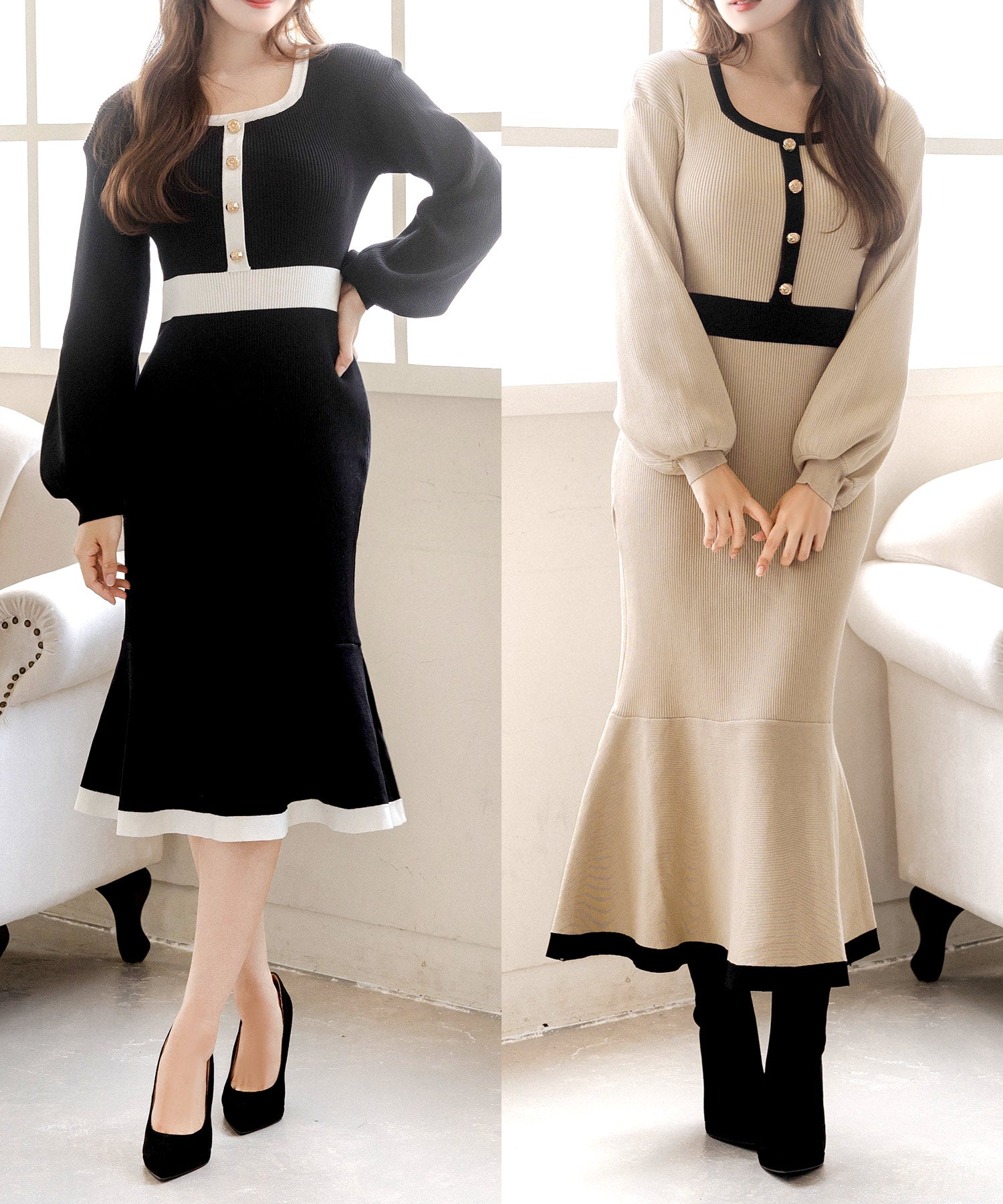 丈が選べるパイピングマーメイドニットワンピース JB23524