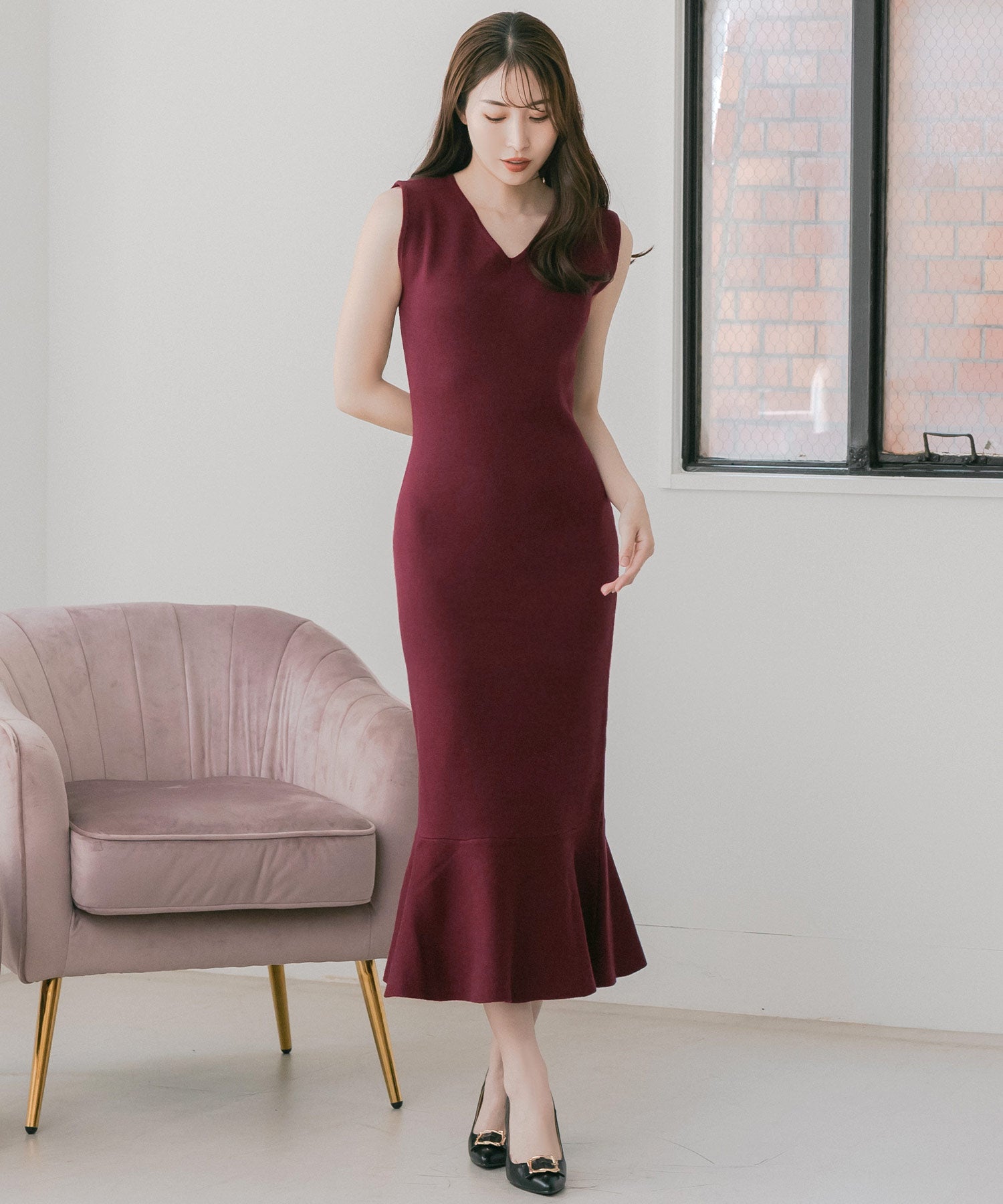 丈が選べるVネックマーメイドニットワンピース JB24529