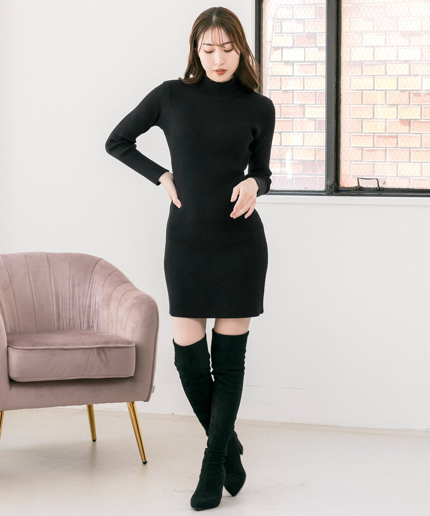 ネックが選べるリブニットミニワンピース JB24530