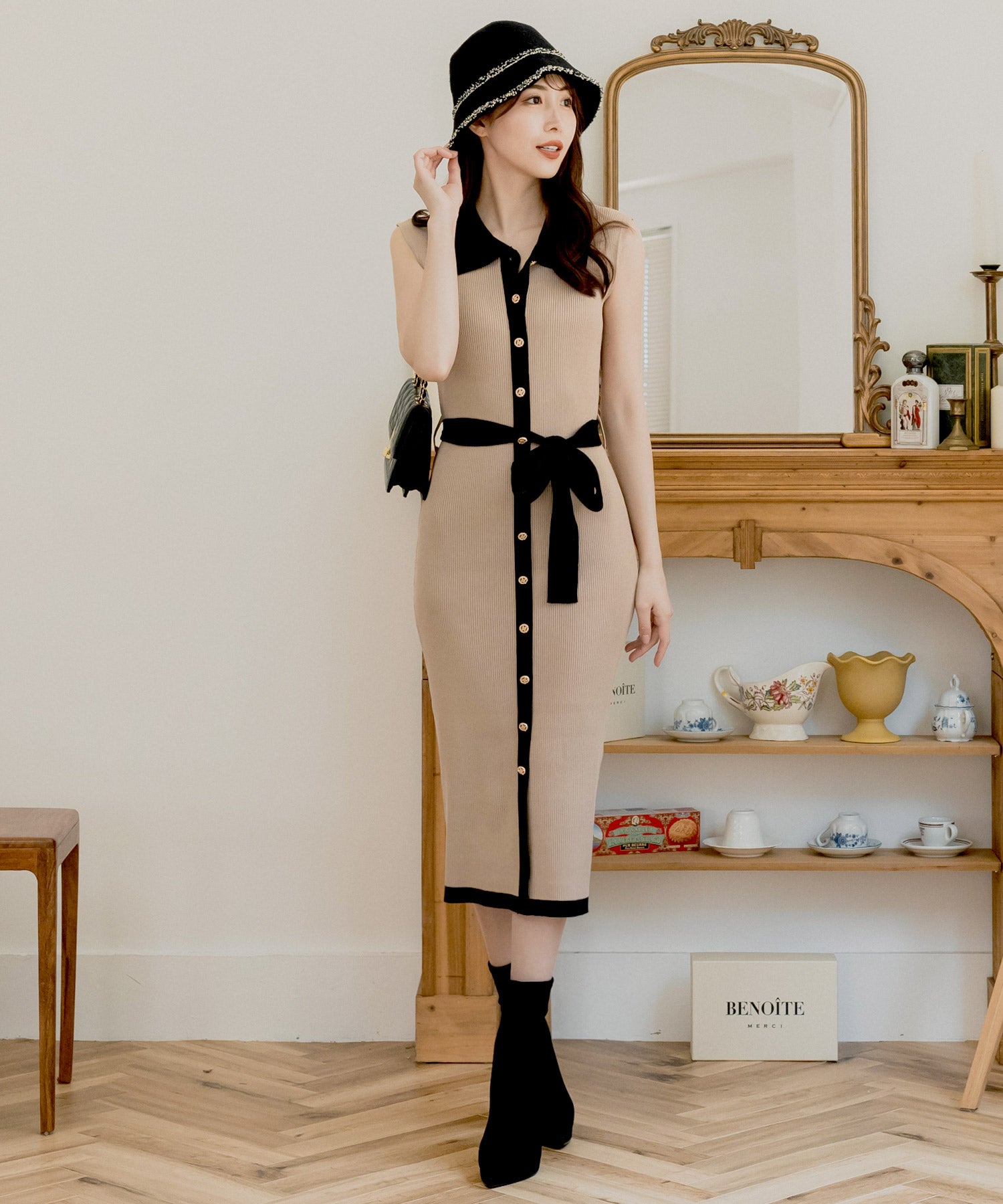 襟付きパイピングニットワンピース JB24533