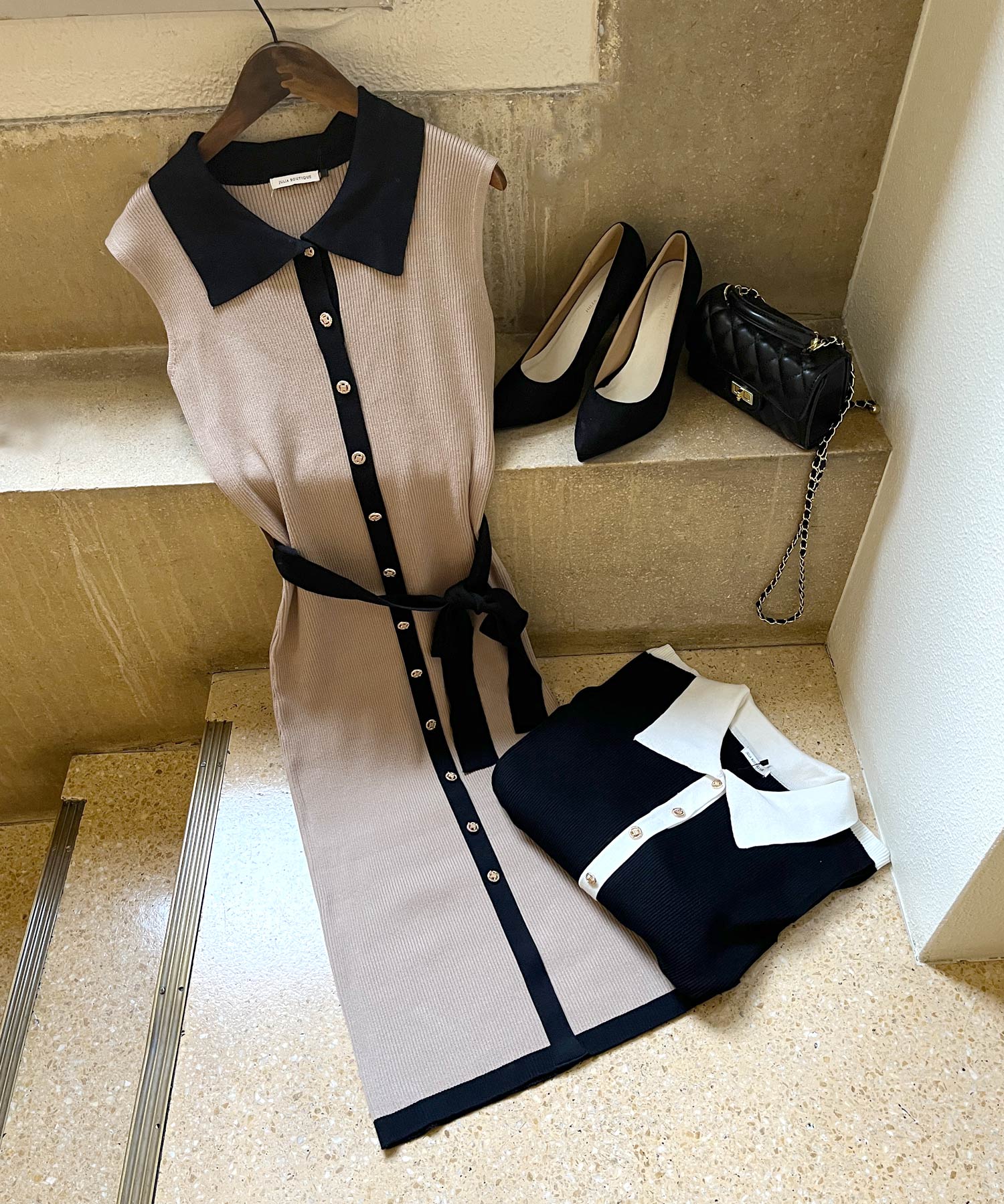 襟付きパイピングニットワンピース JB24533