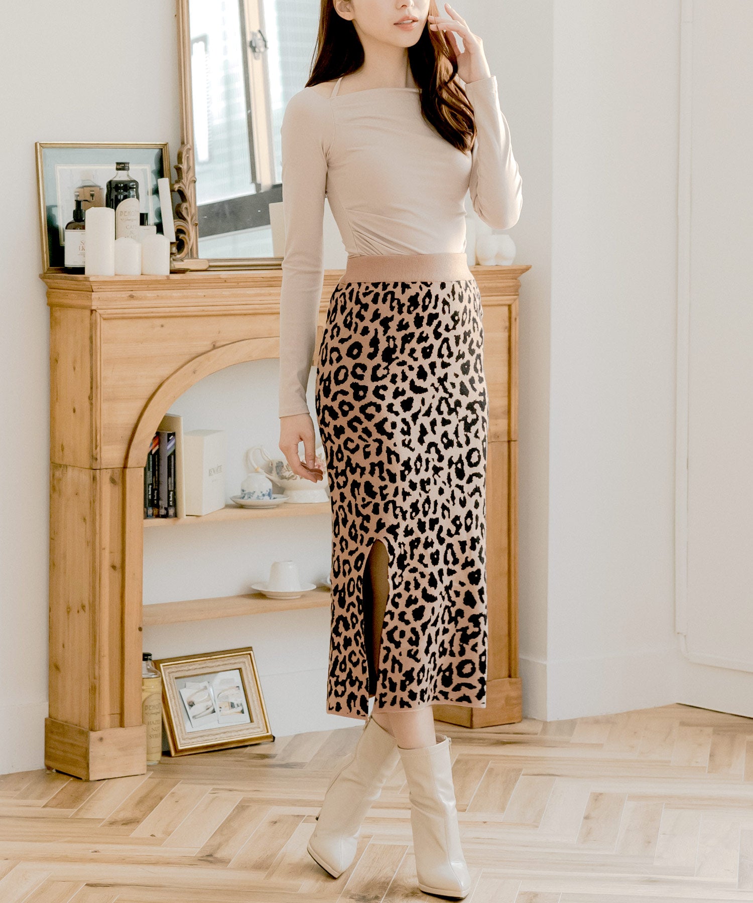 柄&無地スリットニットスカート JB24537