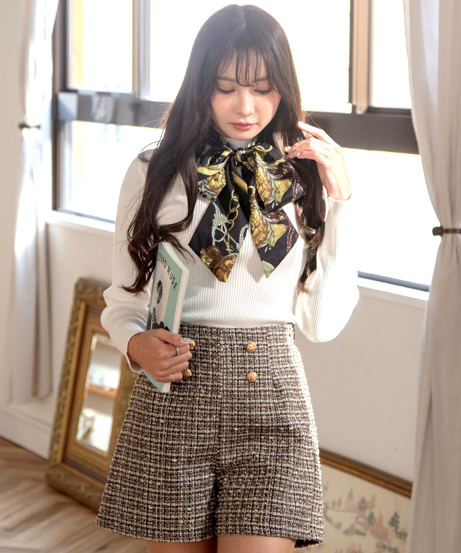 スカーフ付きリブニットトップス JB24554