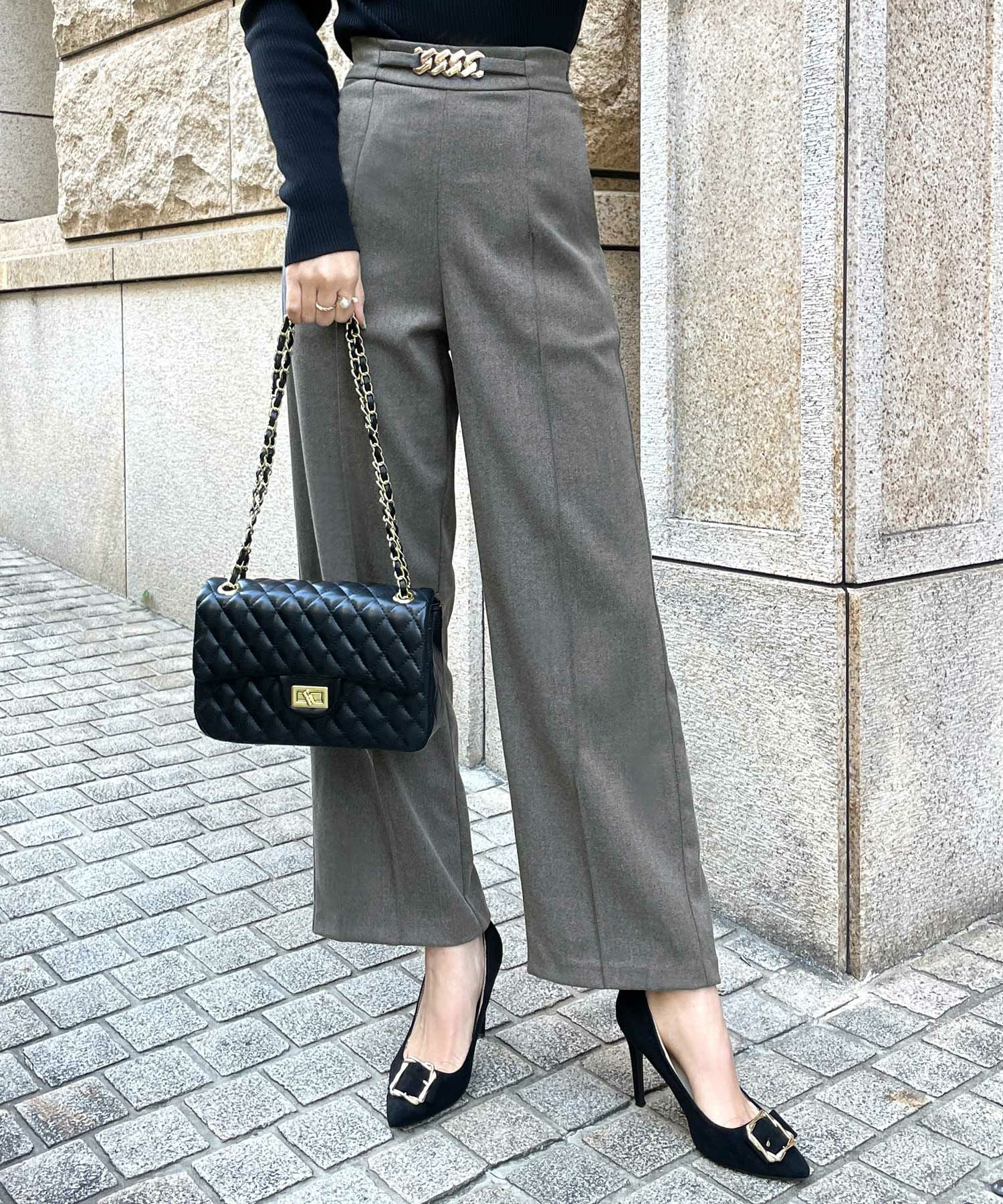 チェーンデザインハイウエストストレートパンツ JB23590