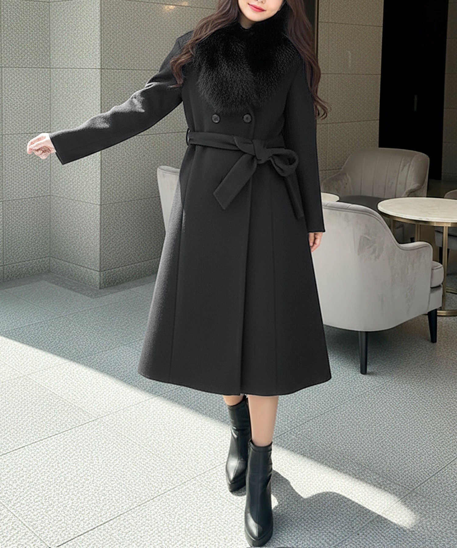 snidel ラビットファーAラインペプラムコート ブラック 丈が選べるフェイクファーティペット付き美ラインコート JB22615