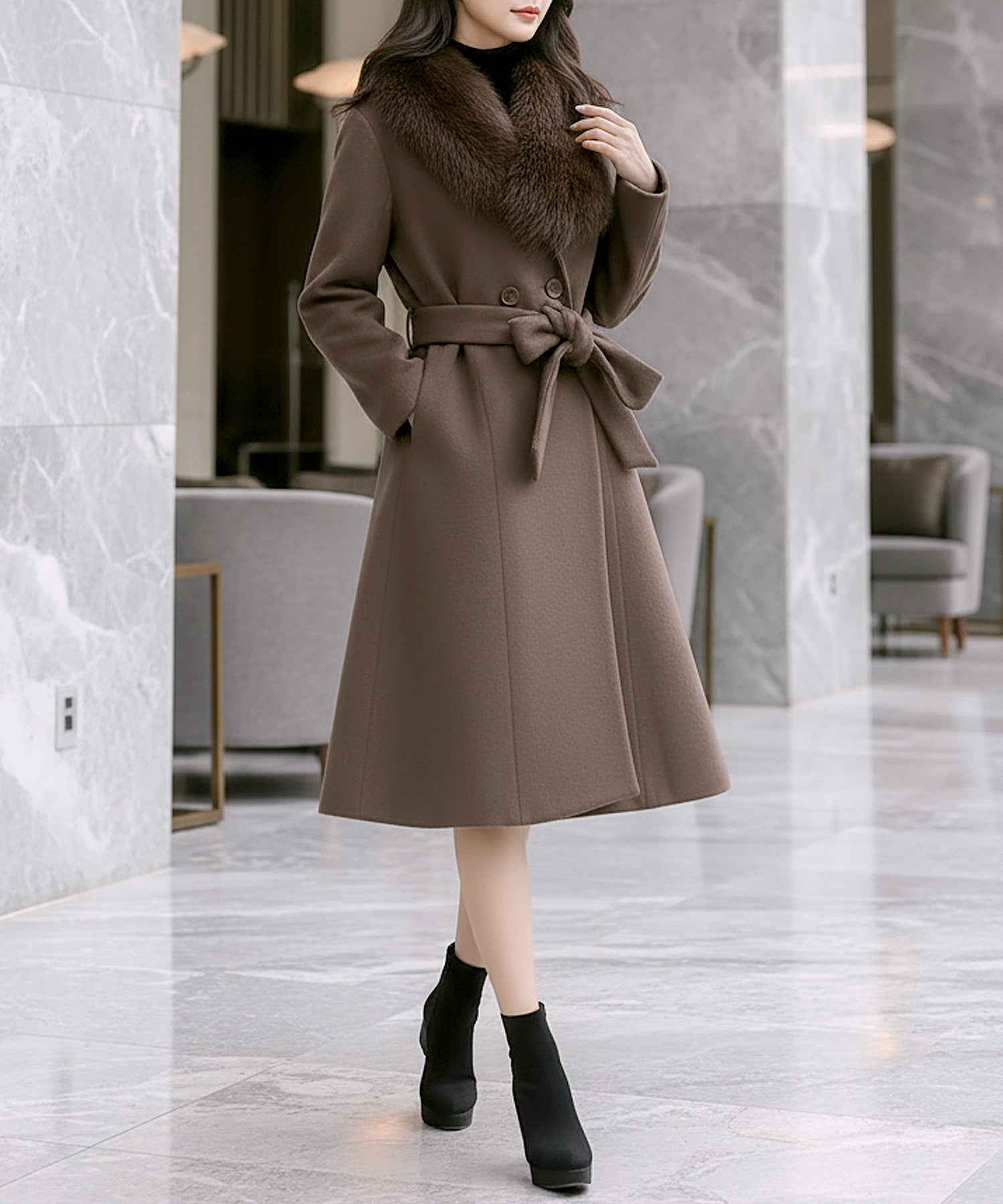 丈が選べるフェイクファーティペット付き美ラインコート JB22615