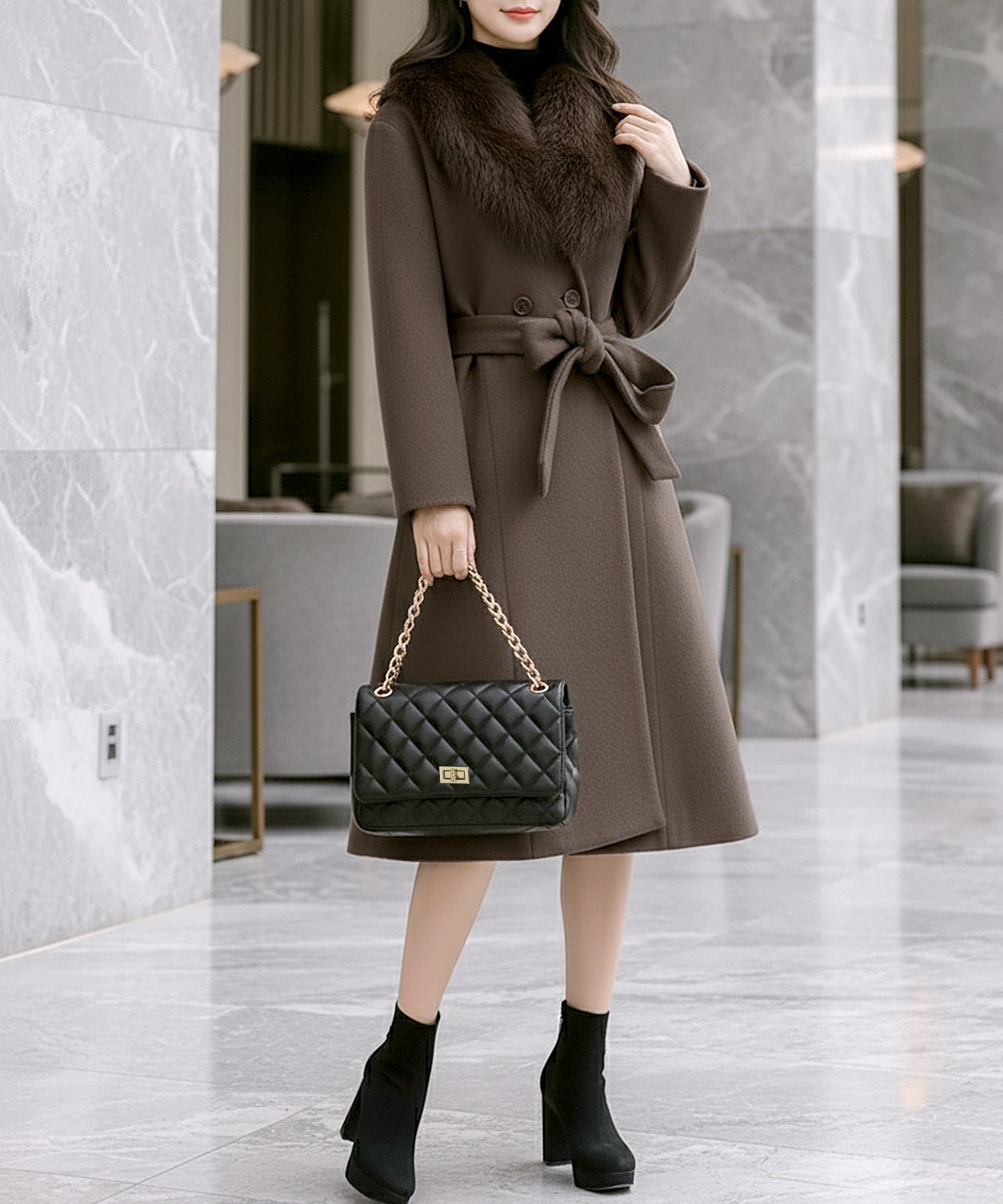 丈が選べるフェイクファーティペット付き美ラインコート JB22615