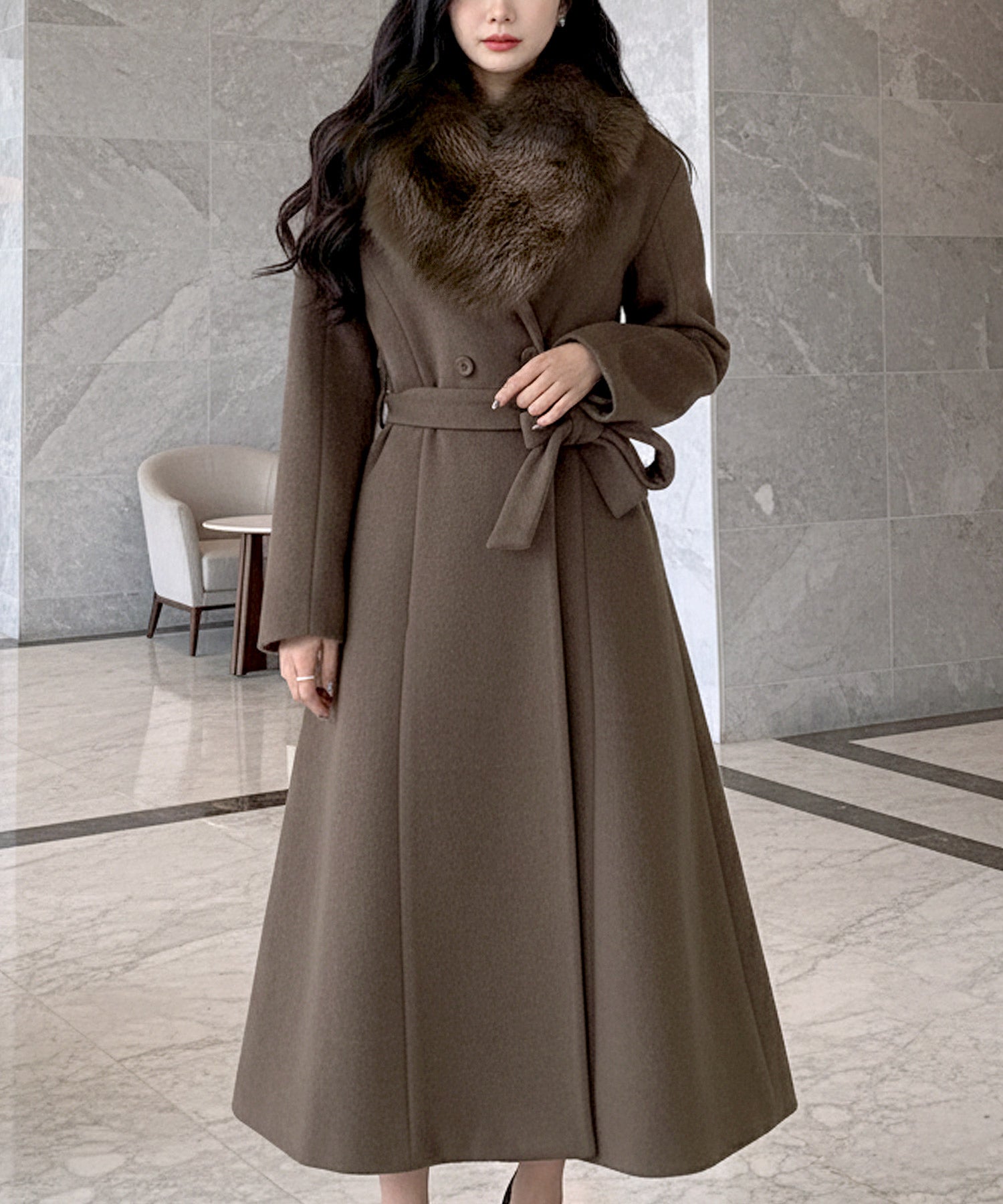 丈が選べるフェイクファーティペット付き美ラインコート JB22615