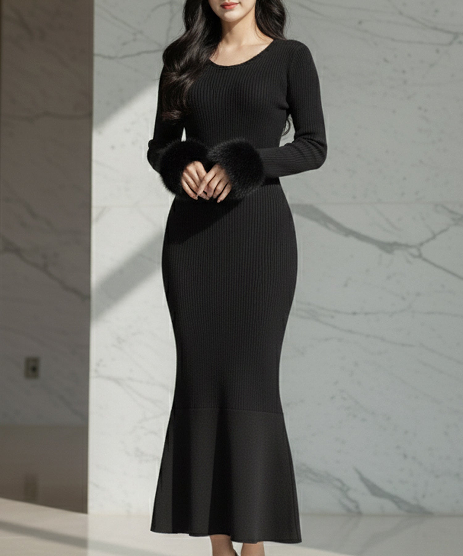 袖ファーマーメイドニットワンピース JB24539