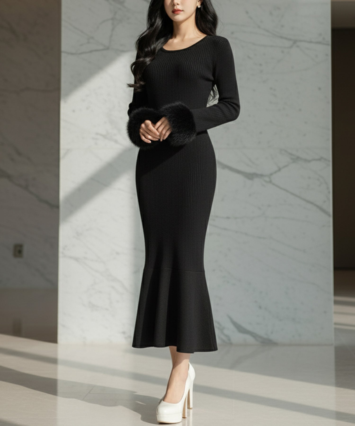 袖ファーマーメイドニットワンピース JB24539