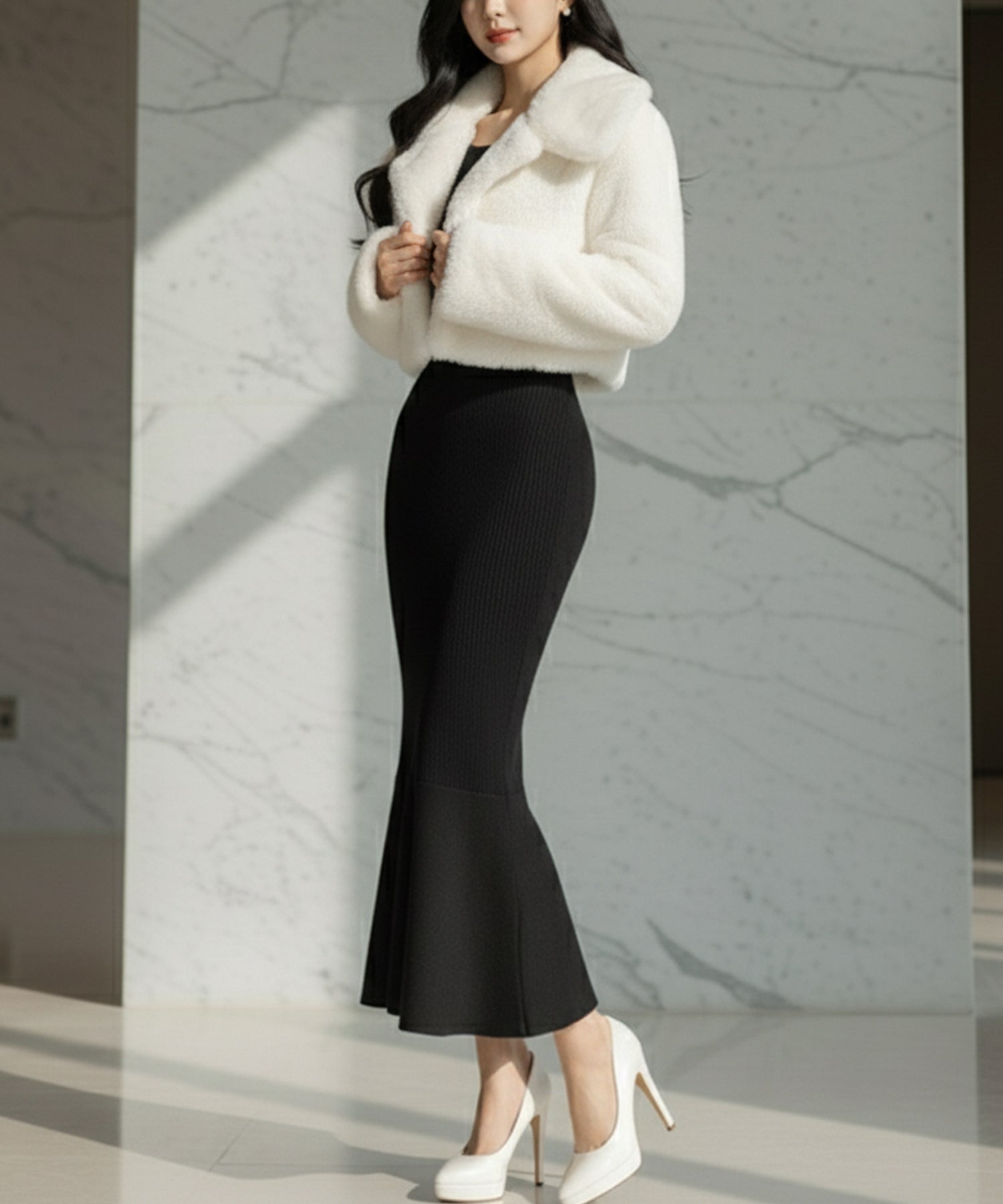 袖ファーマーメイドニットワンピース JB24539