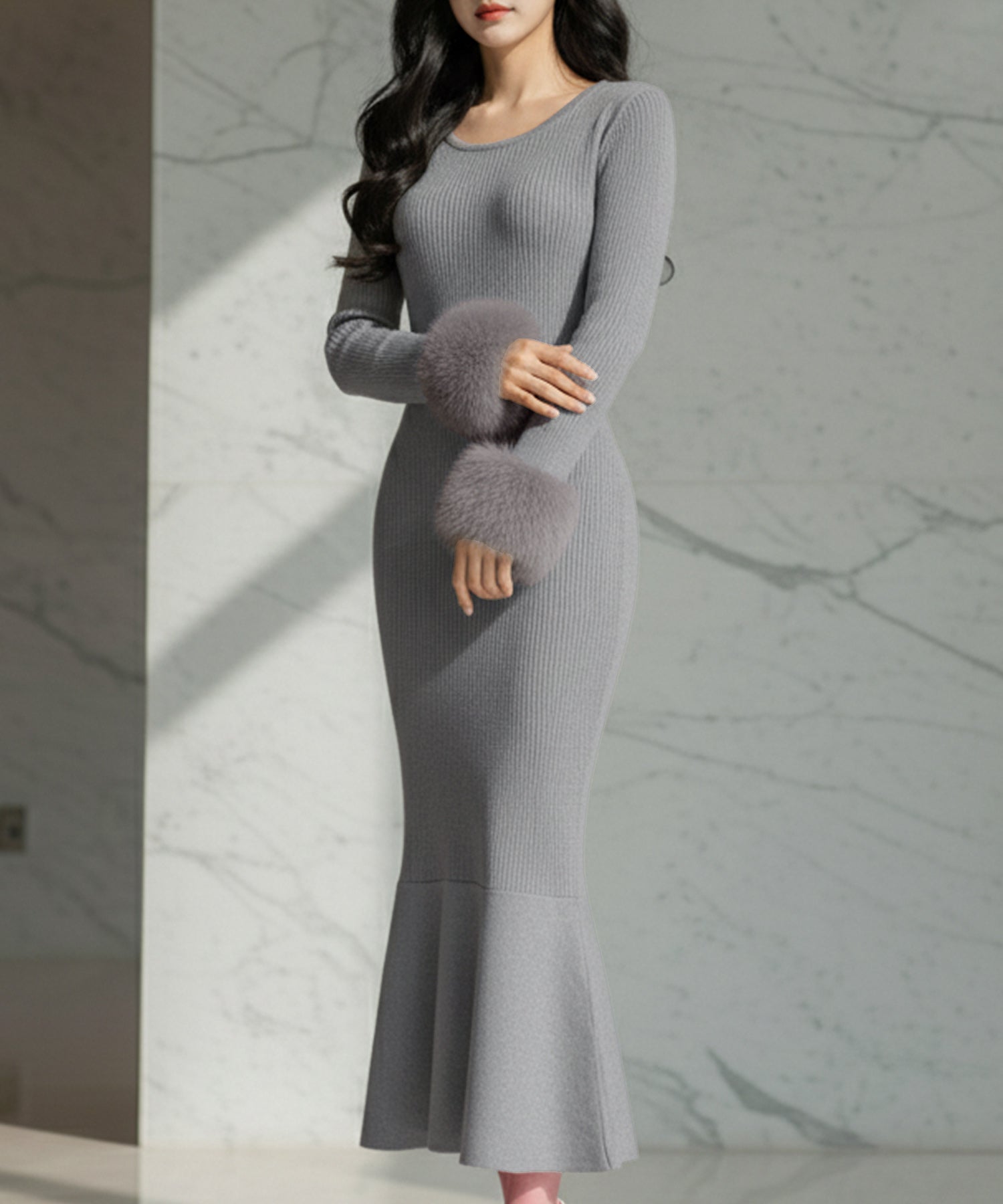 袖ファーマーメイドニットワンピース JB24539