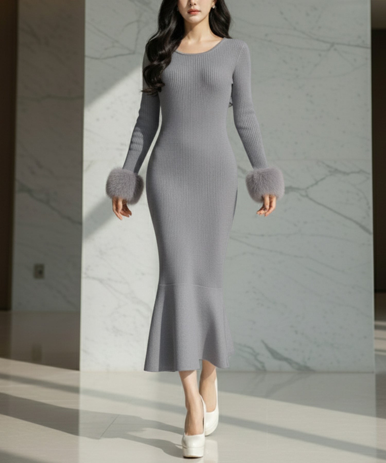 袖ファーマーメイドニットワンピース JB24539