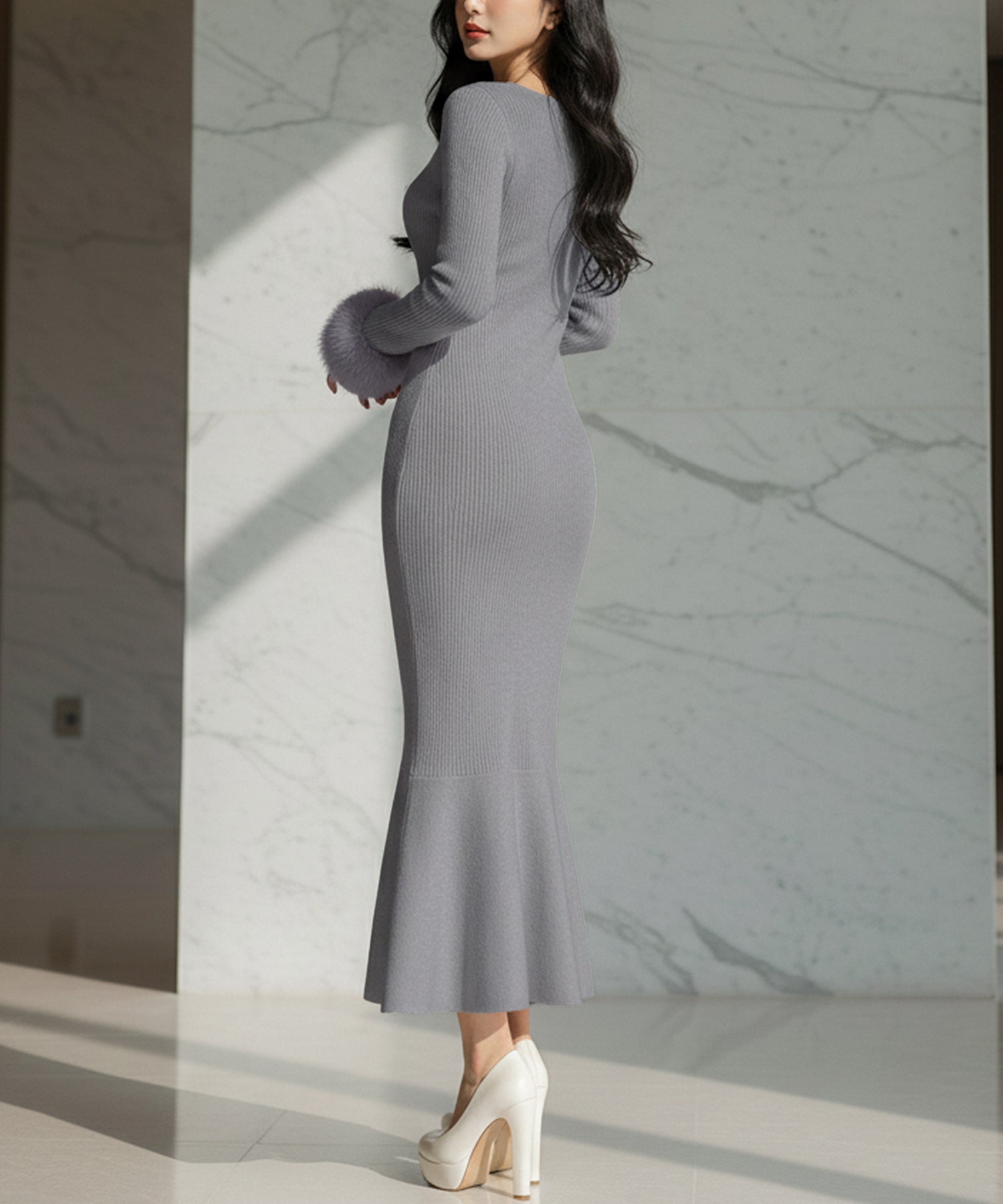袖ファーマーメイドニットワンピース JB24539