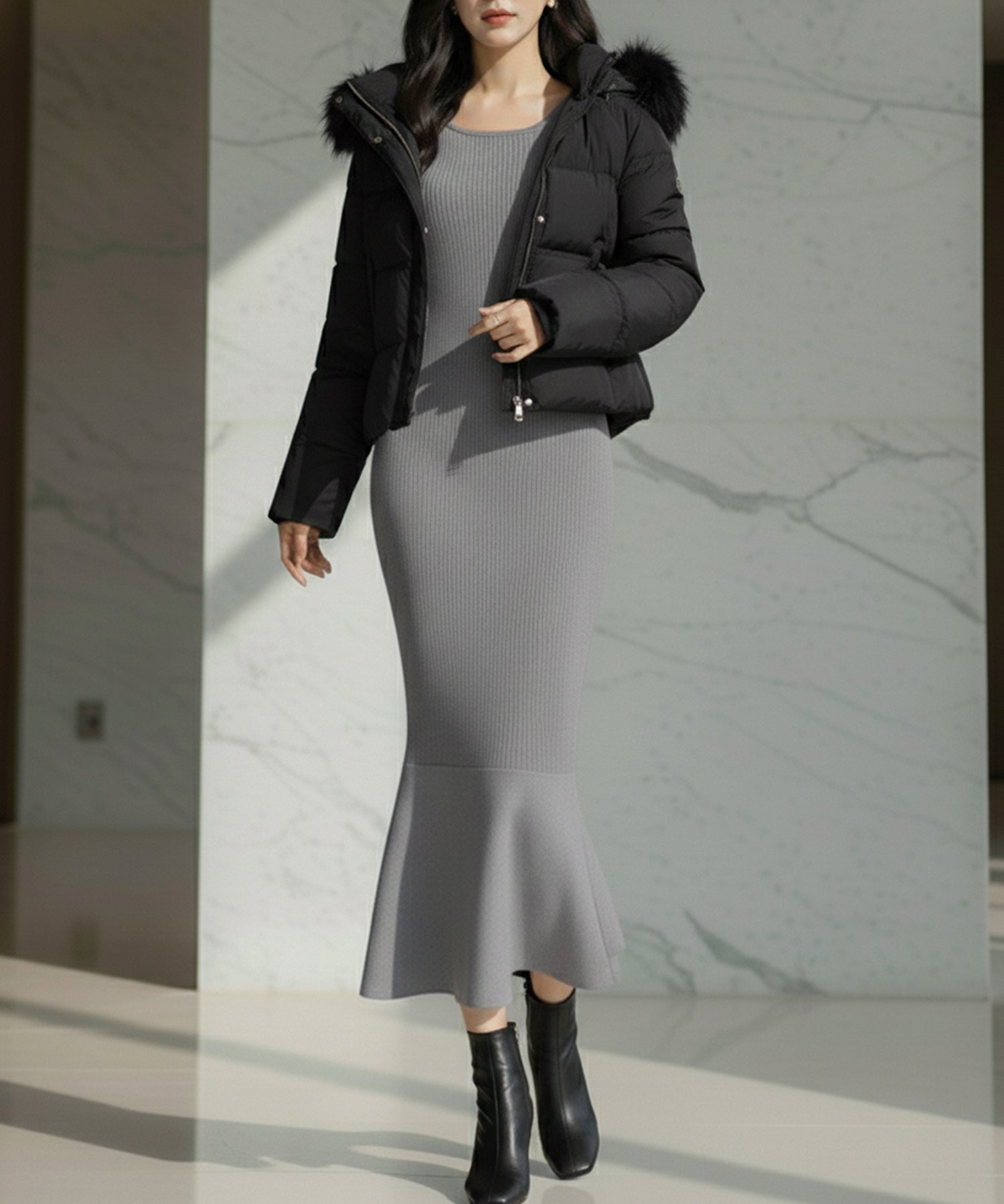 袖ファーマーメイドニットワンピース JB24539