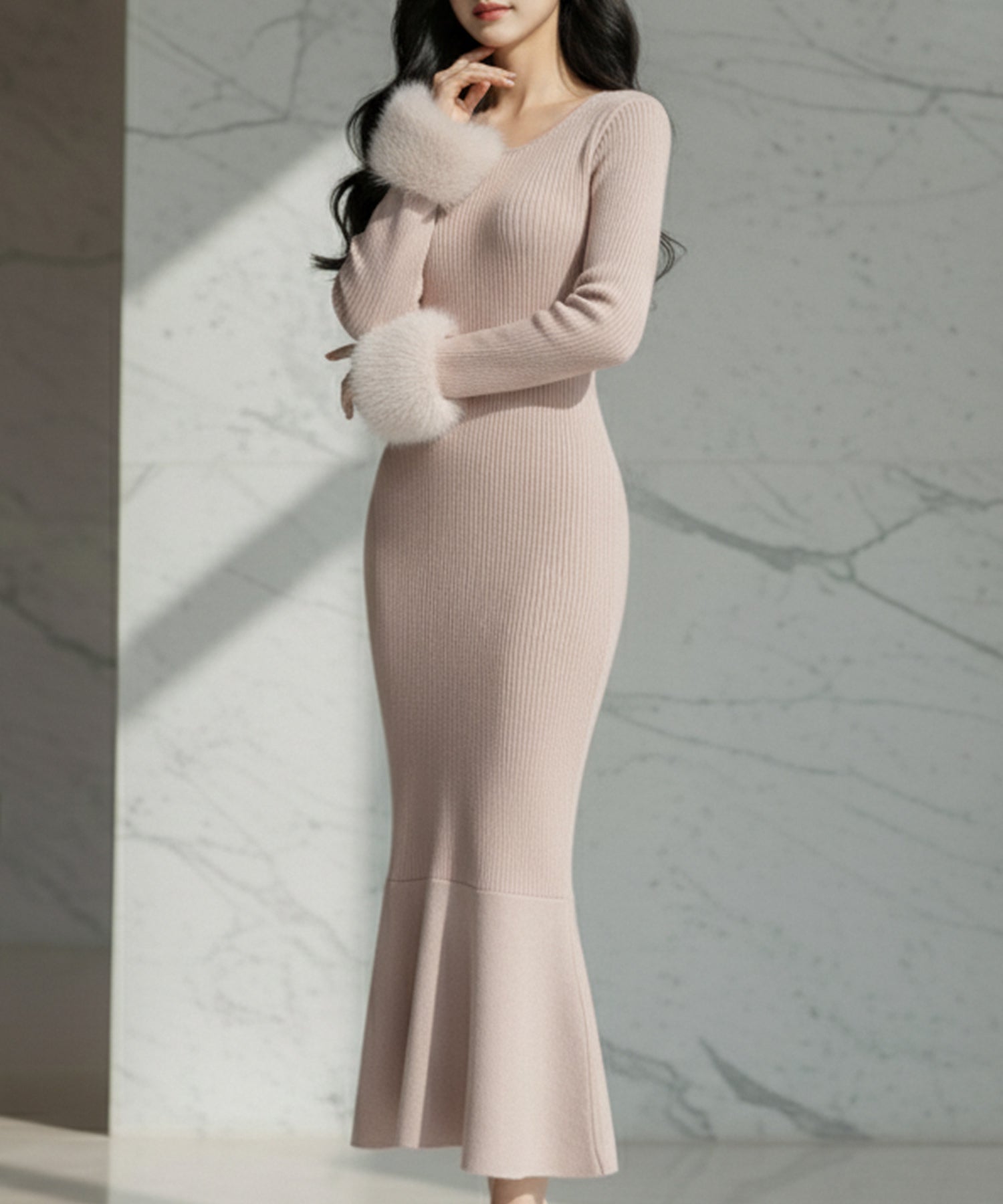 袖ファーマーメイドニットワンピース JB24539