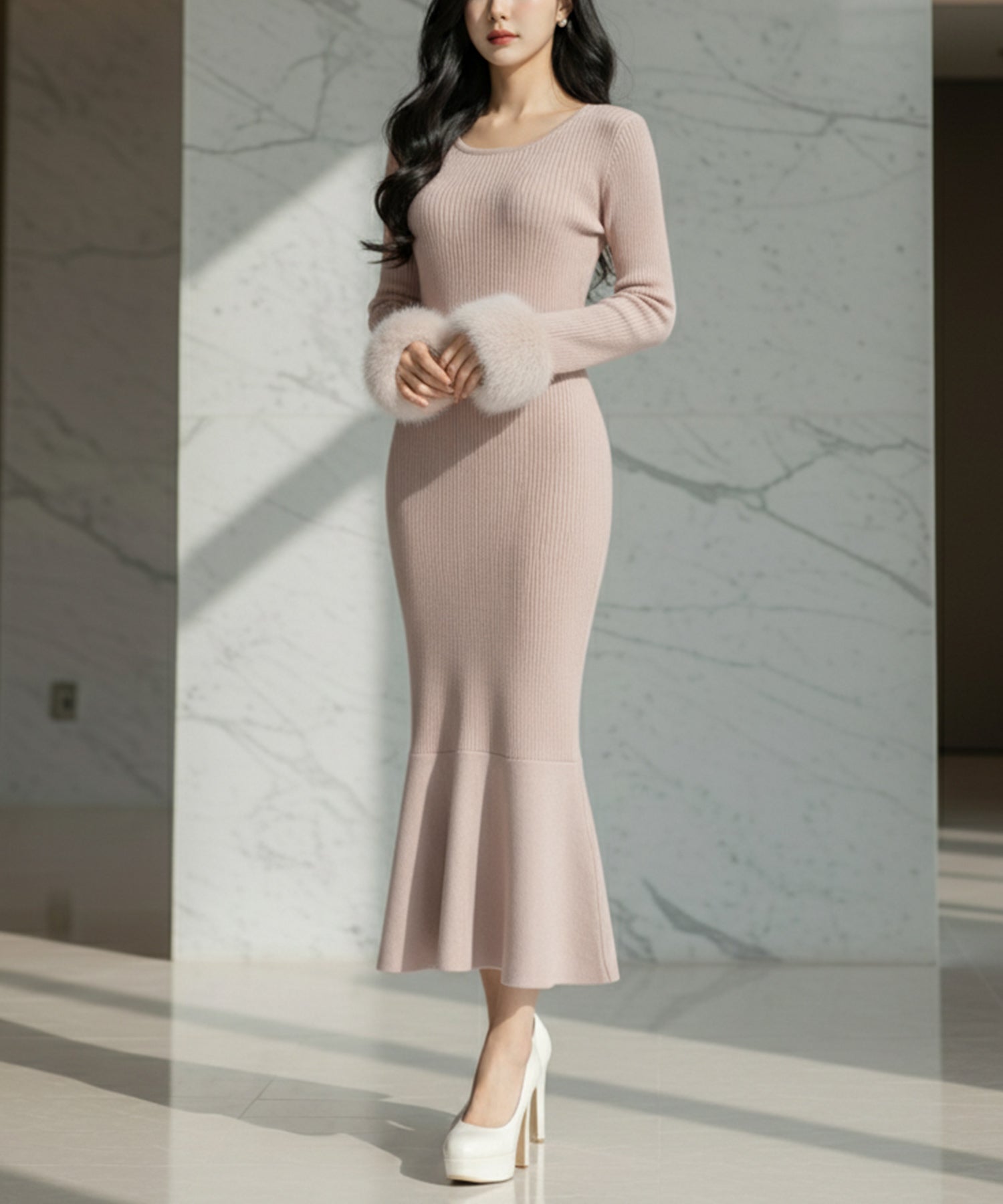 袖ファーマーメイドニットワンピース JB24539