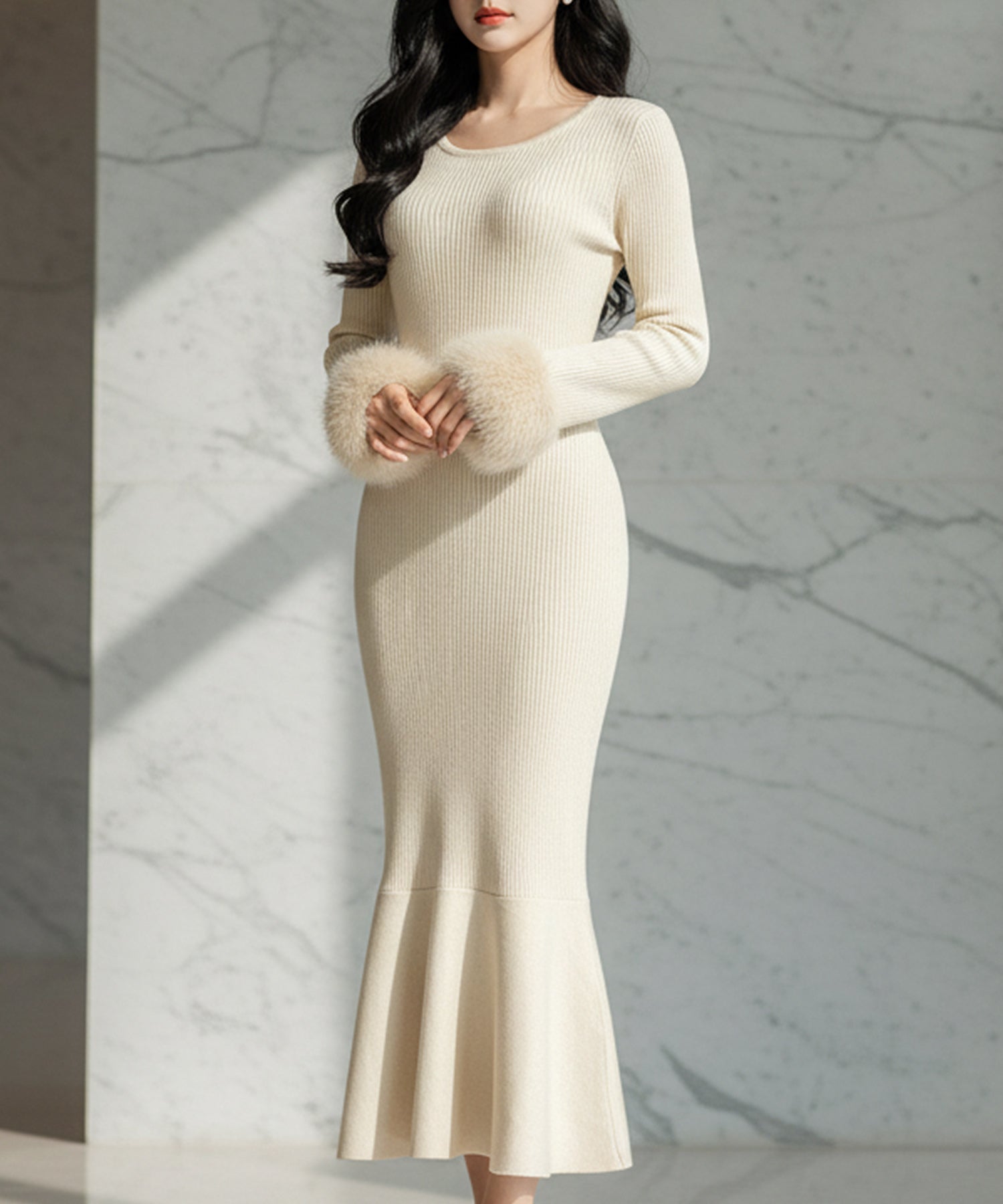袖ファーマーメイドニットワンピース JB24539