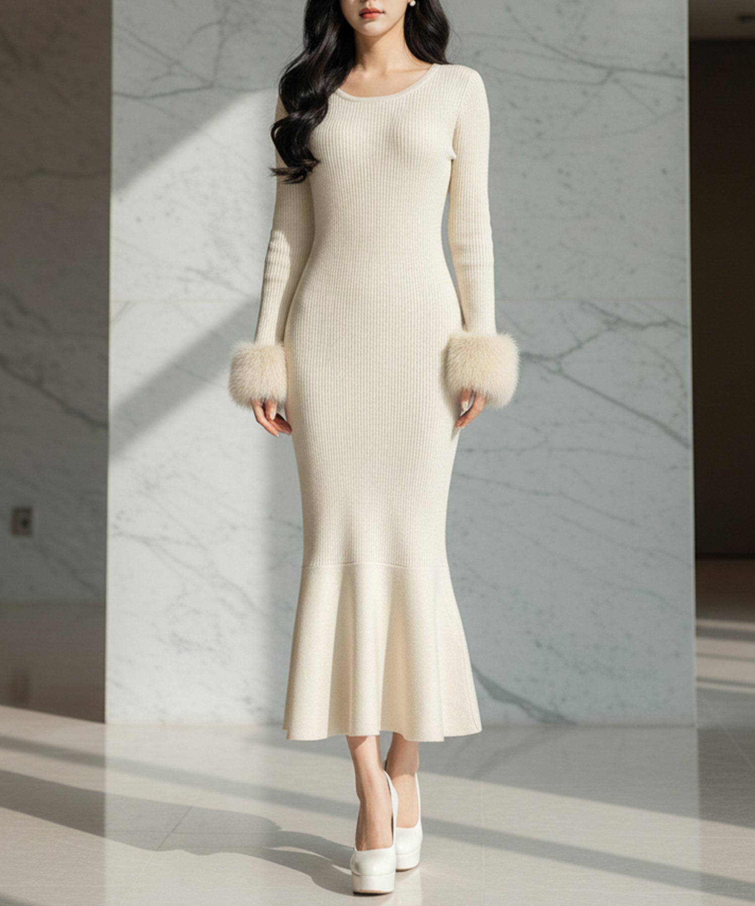 袖ファーマーメイドニットワンピース JB24539