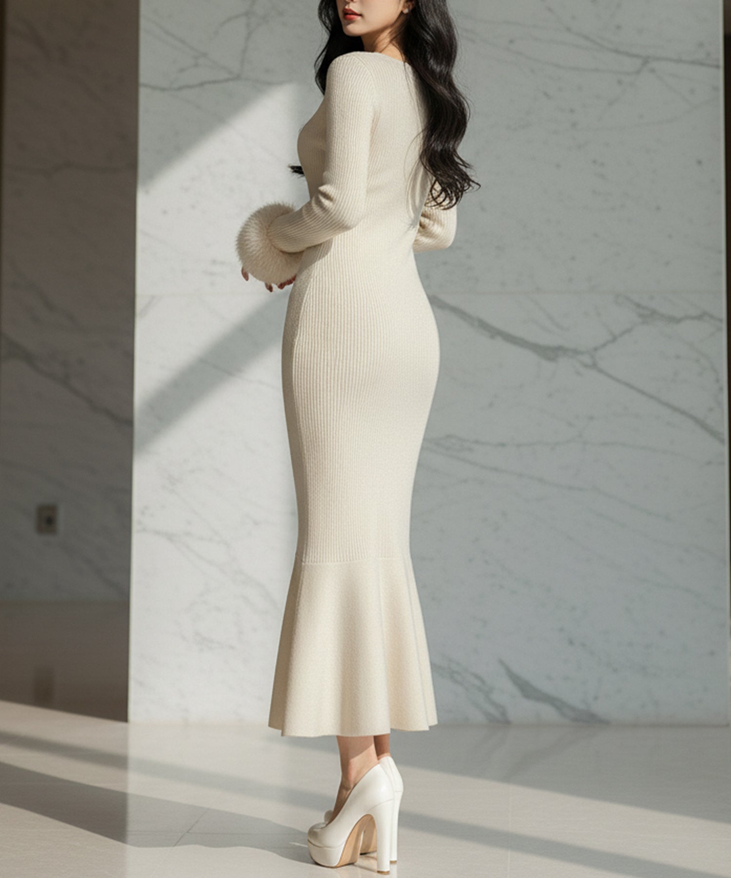 袖ファーマーメイドニットワンピース JB24539