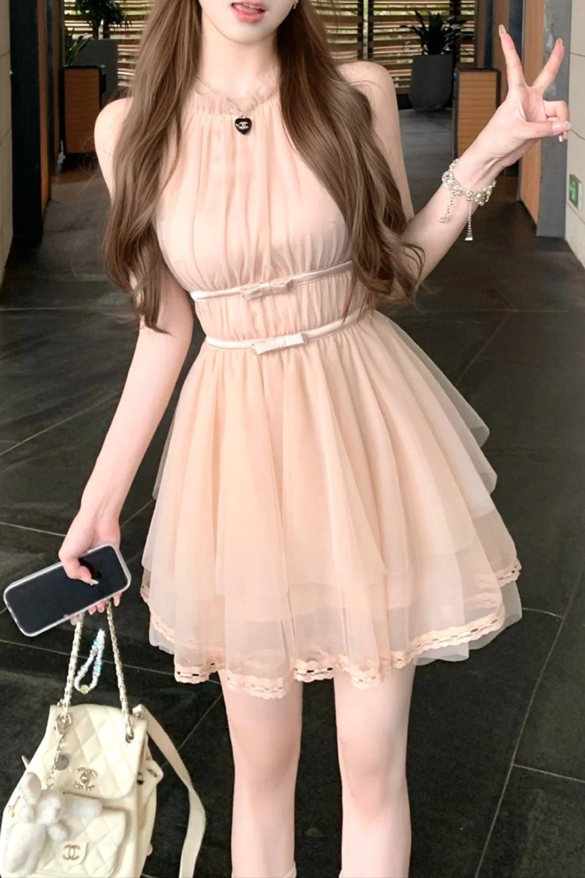 ★ChicLine★ シフォン タイネック 配色ワンピース シフォンワンピース CHICLINE(チックライン) - 海外通販のBUYMA